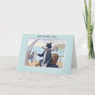 Happy Birthday Coach, Border Collie dog on a boat Card