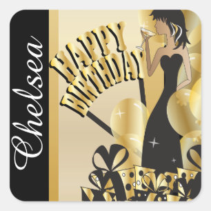 Happy Birthday Cocktail Girl   DIY Name   Gold Square Sticker