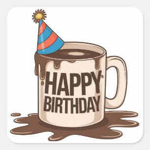 Happy Birthday Coffee Cup with party hat   Square Sticker