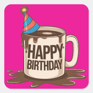 Happy Birthday Coffee Cup with party hat   Square Sticker