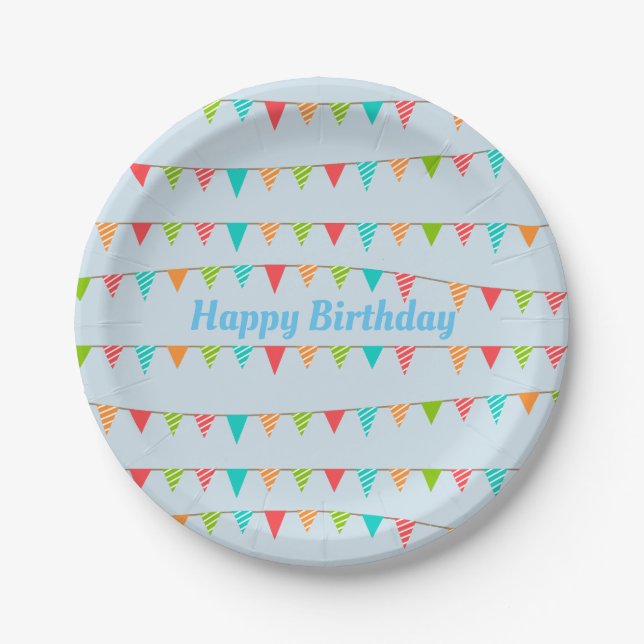 Happy Birthday Colorful Bunting Flags Paper Plate (Front)