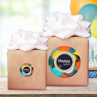 Happy Birthday Colourful 80's Retro Abstract Blue Classic Round Sticker