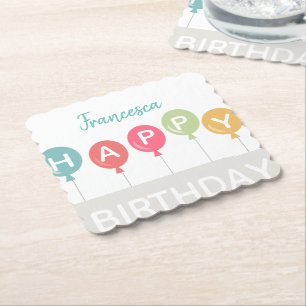 Happy Birthday colourful ballons custom name Paper Coaster