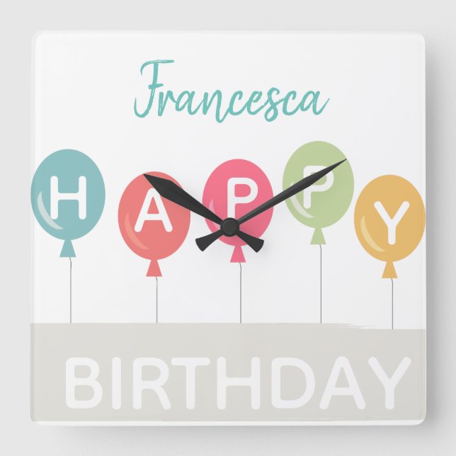 Happy Birthday colourful ballons custom name Square Wall Clock (Front)