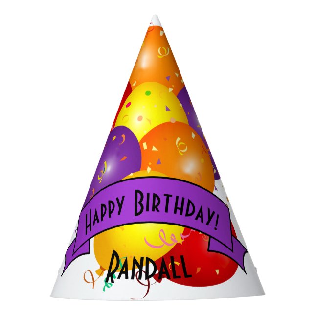 Happy Birthday Colourful Balloon Bundle Template Party Hat (Front)