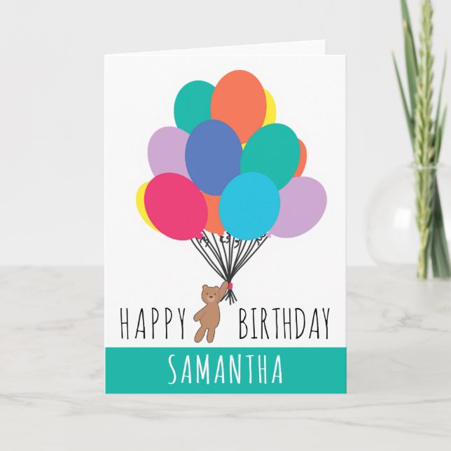  Happy Birthday Colourful Balloon Teddy Bear Name  Card (Front)