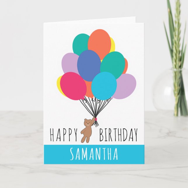  Happy Birthday Colourful Balloon Teddy Bear Name  Card (Front)