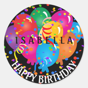 Happy Birthday Colourful Balloons on Black Classic Round Sticker