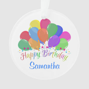 Happy Birthday Colourful Balloons Stars On White Ornament
