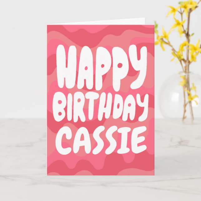 HAPPY BIRTHDAY Colourful Bight Pink Stripes CUSTOM Card (Yellow Flower)