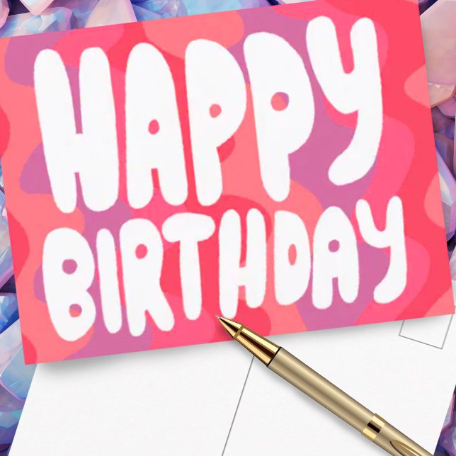 HAPPY BIRTHDAY Colourful Bubble Letters CUSTOM Bda Postcard (Pink curves custom happy birthday postcard)