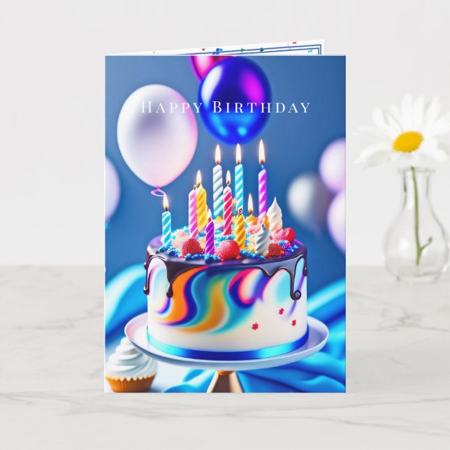 Happy Birthday  Colourful Cake Balloons  Card (Small Plant)