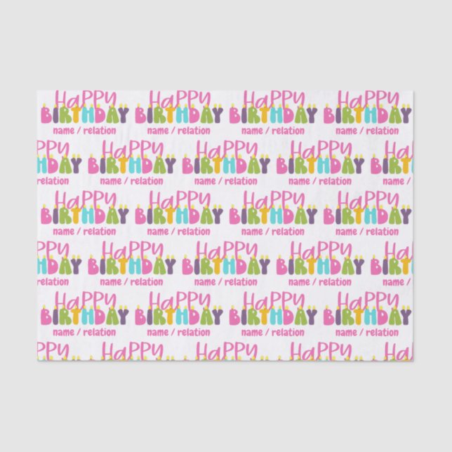 Happy Birthday Colourful Candles Personalised Tissue Paper (Front)