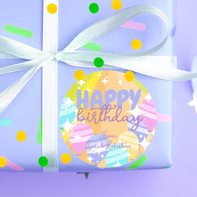 Happy Birthday Colourful Cartoon Balloons Sparkles Classic Round Sticker (Creator Uploaded)