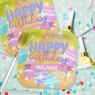 Happy Birthday Colourful Cartoon Balloons Sparkles Paper Plate