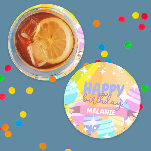 Happy Birthday Colourful Cartoon Balloons Sparkles Round Paper Coaster
