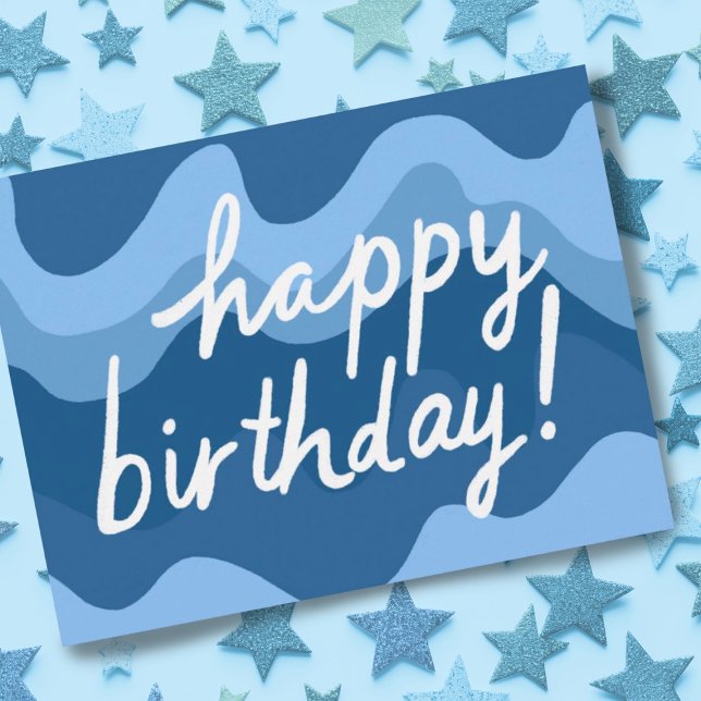HAPPY BIRTHDAY Colourful Cool & Fun Wavy Stripes Postcard (Sweet happy birthday postcard with blue stripes. Customize by adding your own text to the back side.)