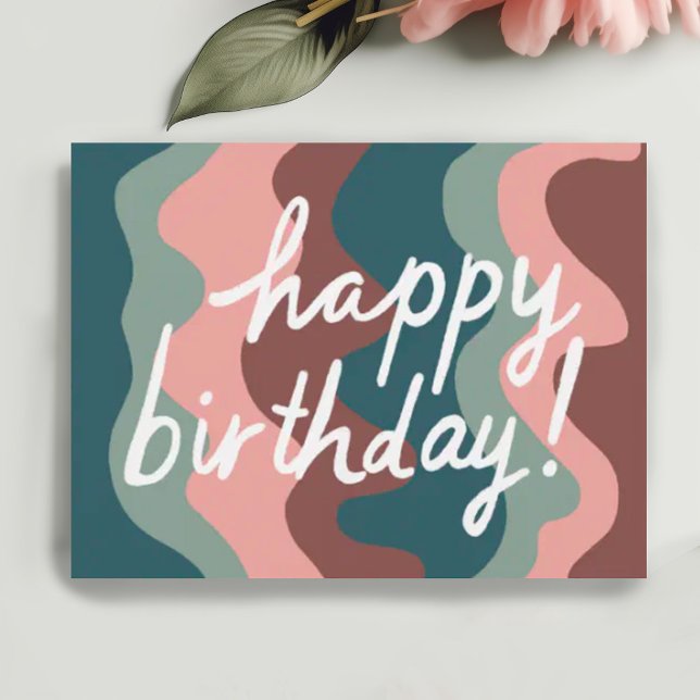 HAPPY BIRTHDAY Colourful Cool & Fun Wavy Stripes Postcard (Custom hand lettered happy birthday postcard, add your own text to customize it)