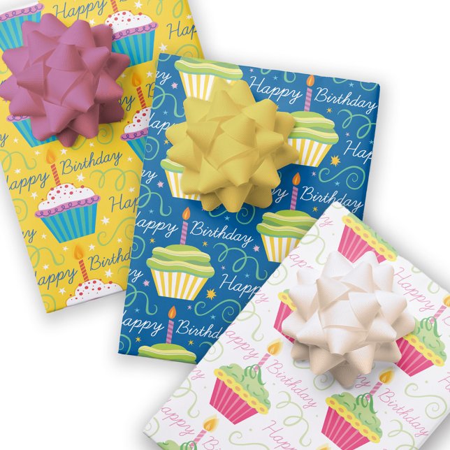 Happy Birthday Colourful Cupcakes Wrapping Paper Sheet (Creator Uploaded)