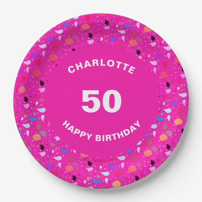 Happy Birthday Colourful Custom Age Name Paper Plate (Front)