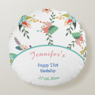 Happy Birthday Colourful Floral Round Cushion