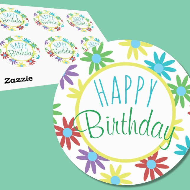 Happy Birthday Colourful Floral Stickers (Depiction of Round Stickers, Sheet of 6 and Front View)
