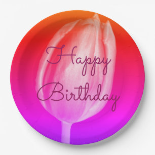 Happy Birthday Colourful Flower Tulips Pink Purple Paper Plate
