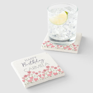 Happy Birthday Colourful Flowers and Hearts Party Stone Coaster