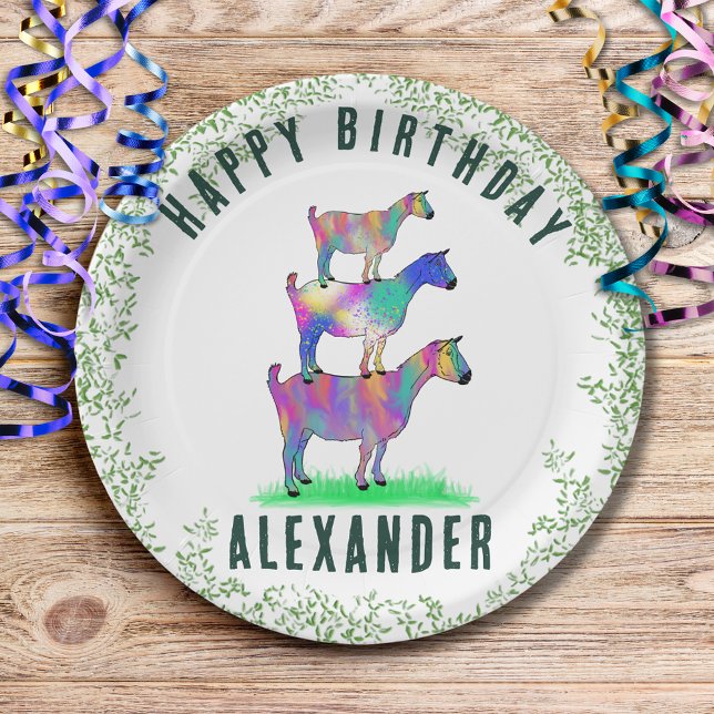 Happy Birthday Colourful Goats and Foliage Paper Plate (Cute goats colorful farm animal art happy birthday custom paper plates)