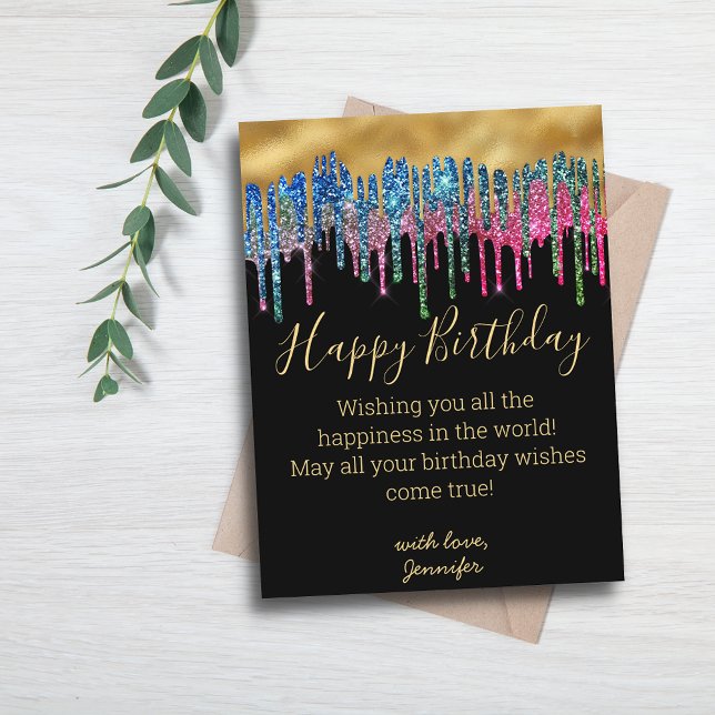 happy birthday colourful gold dripping glitters  postcard (Creator Uploaded)