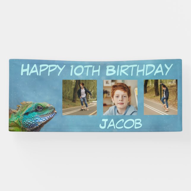 Happy Birthday Colourful Iguana Photo Name Templat Banner (Horizontal)