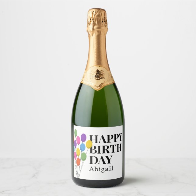 Happy Birthday Colourful Party Balloons Sparkling Wine Label (Front)