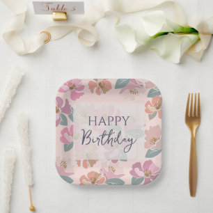 Happy Birthday Colourful Spring Flowers Paper Plate