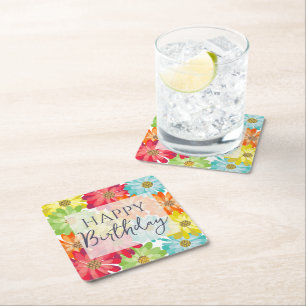 Happy Birthday Colourful Spring Flowers   Square Paper Coaster