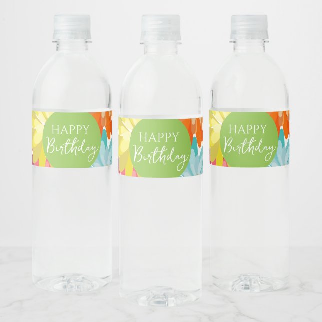 Happy Birthday Colourful Spring Flowers       Water Bottle Label (Bottles)