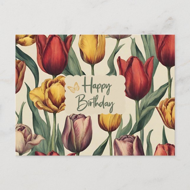 Happy Birthday Colourful Tulip Flowers Postcard (Front)