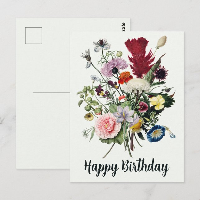 Happy Birthday Colourful Vintage Wildflowers Postcard (Front/Back)