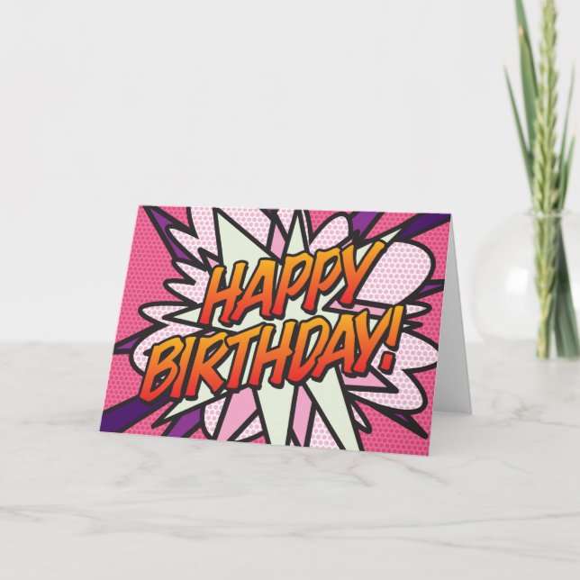 HAPPY BIRTHDAY Comic Book Pop Art Pink Card (Front)