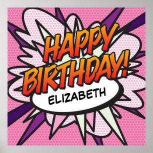 HAPPY BIRTHDAY Comic Book Pop Art pink Poster