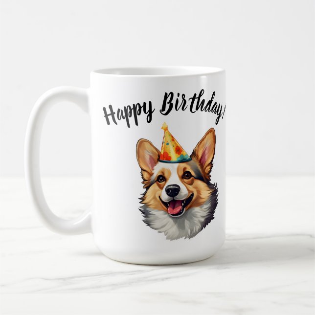 Happy Birthday cone Corgi Coffee Mug (Left)