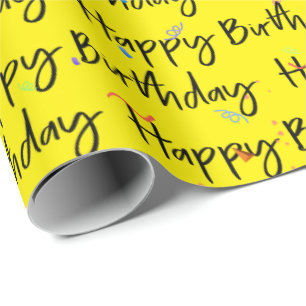 Happy Birthday Confetti on Yellow Wrapping Paper