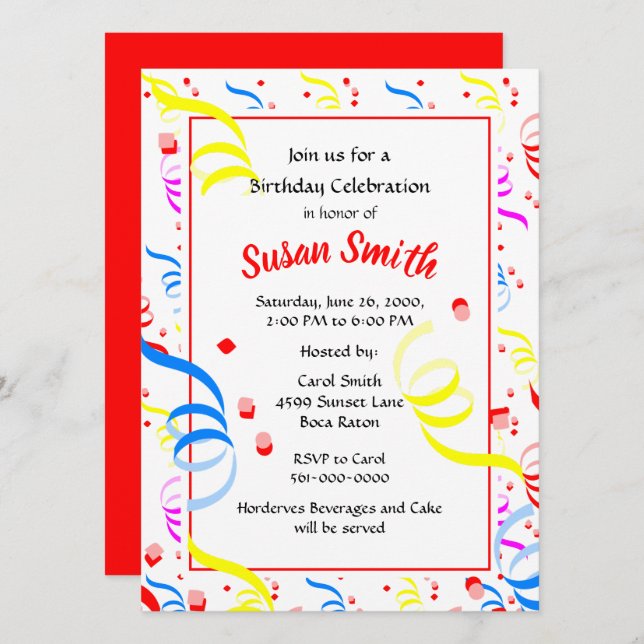 Happy Birthday Confetti Streamer Party  Invitation (Front/Back)