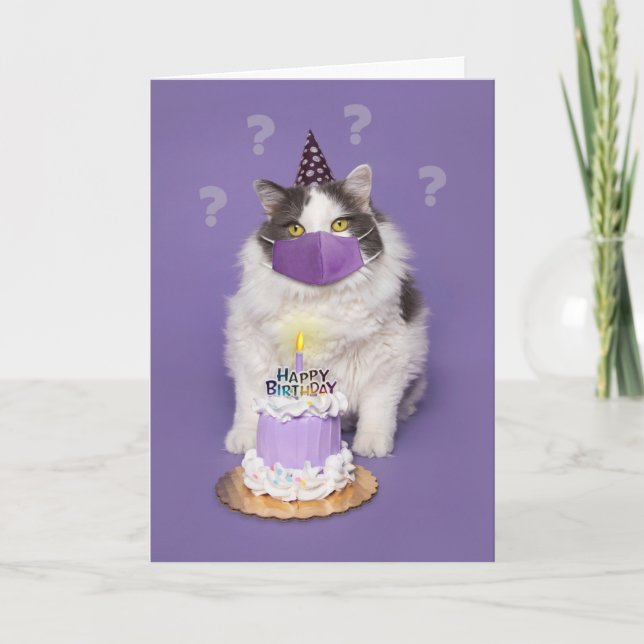 Happy Birthday Confused Cat With Face Mask Cake Holiday Card (Front)
