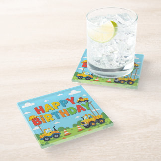Happy birthday construction builder theme glass coaster