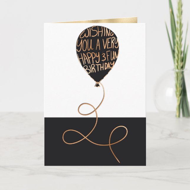 Happy Birthday Cool Black Balloon Gold Typography Card (Front)