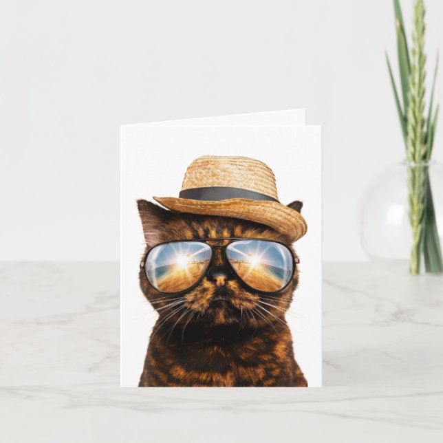Happy Birthday Cool Cat with sunglasses and hat Holiday Card (Front)