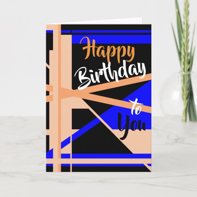 "Happy Birthday" Coral Blue Black Abstract Art Car Card (Front)