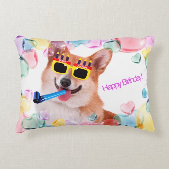 Happy Birthday Corgi Decorative Cushion (Front)