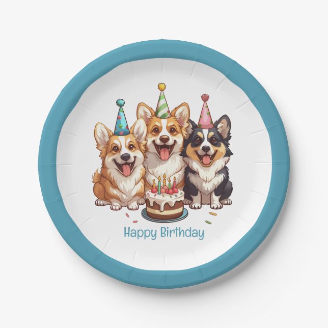 Happy Birthday Corgi Dogs Paper Plate (Front)