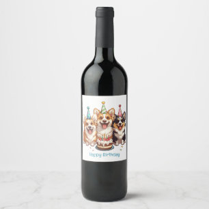 Happy Birthday Corgi Dogs Wine Label
